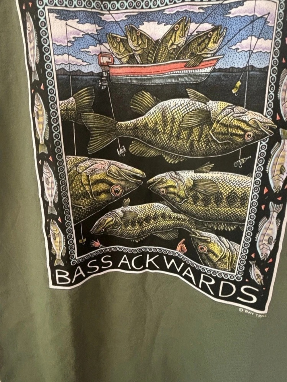 Ray Troll Bass Ackwards T-Shirt Graphic Tee in Green - Picture 4 of 6